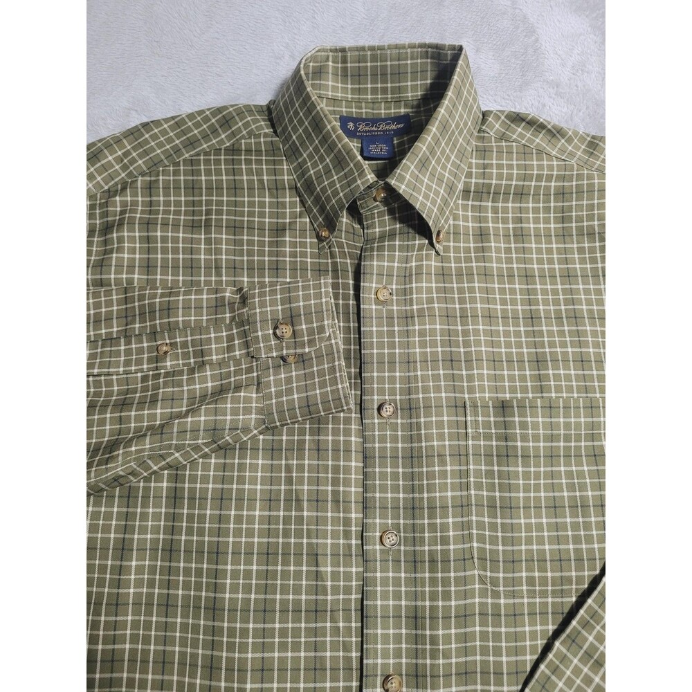Brooks Brothers Shirt Mens Large Green Check Long Sleeve Non Iron Button Down